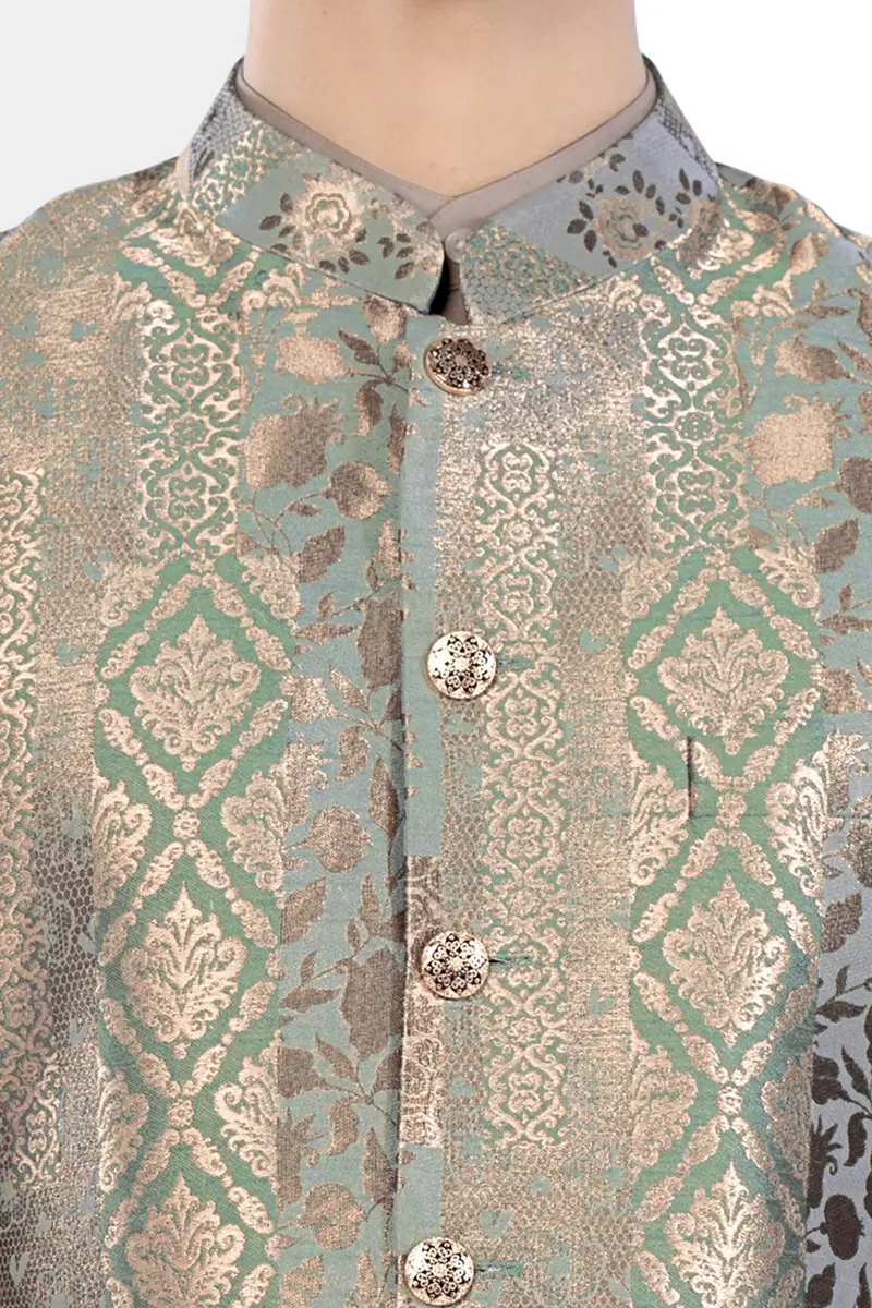Envy Green And Opium Brown Geometric Jacquard Textured Designer Nehru Jacket 4