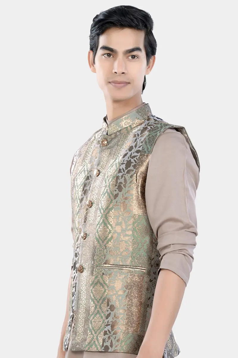 Envy Green And Opium Brown Geometric Jacquard Textured Designer Nehru Jacket 5