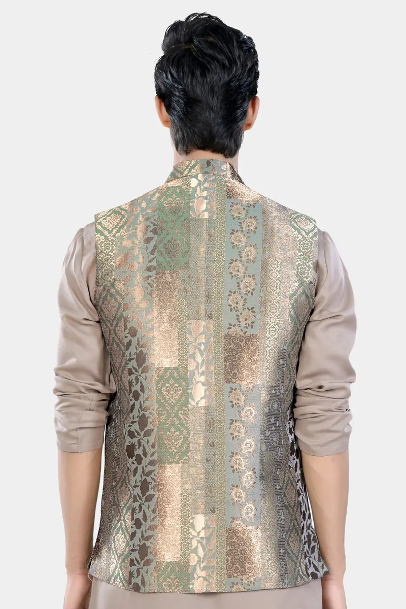Envy Green And Opium Brown Geometric Jacquard Textured Designer Nehru Jacket 6