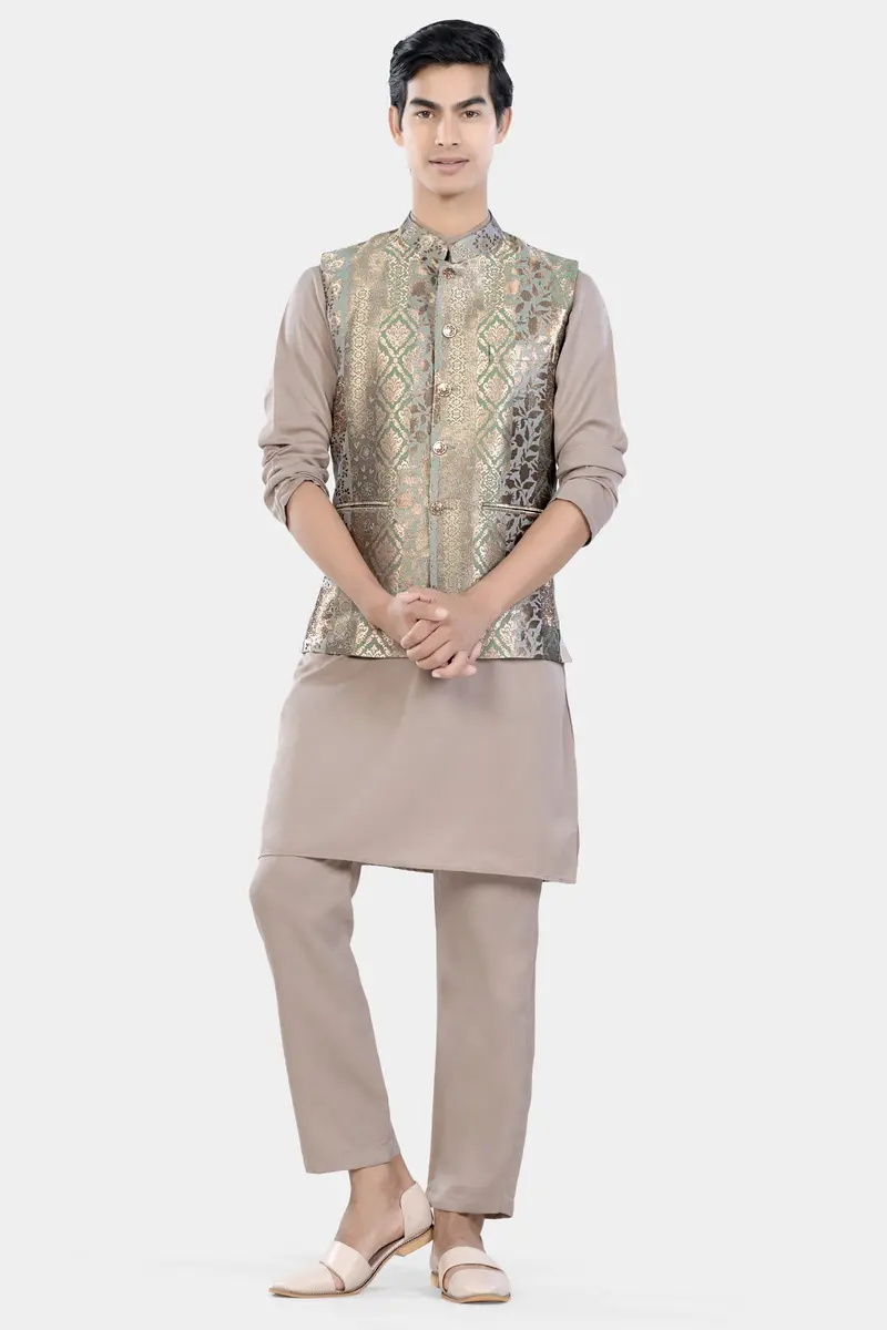 Envy Green And Opium Brown Geometric Jacquard Textured Designer Nehru Jacket 7