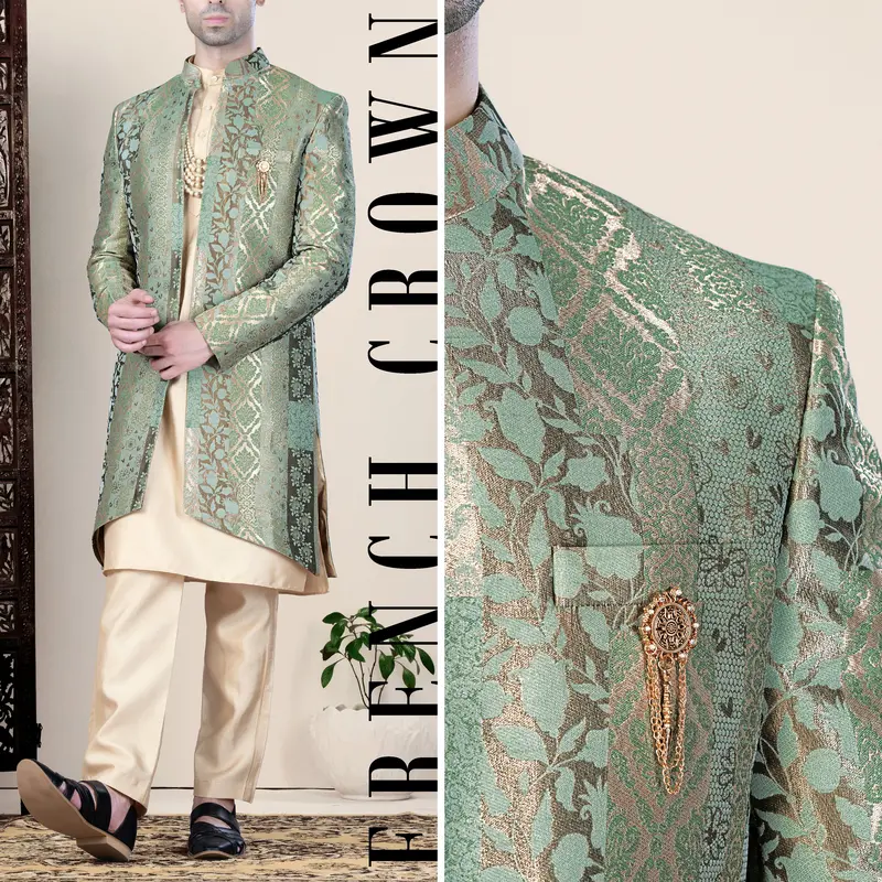 Envy Green And Opium Brown Jacquard Weave Indo-Western 1