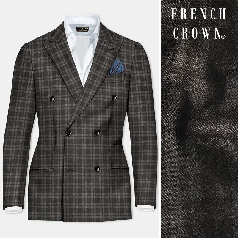 Espresso Brown Plaid Wool Blend Double Breasted Blazer 1