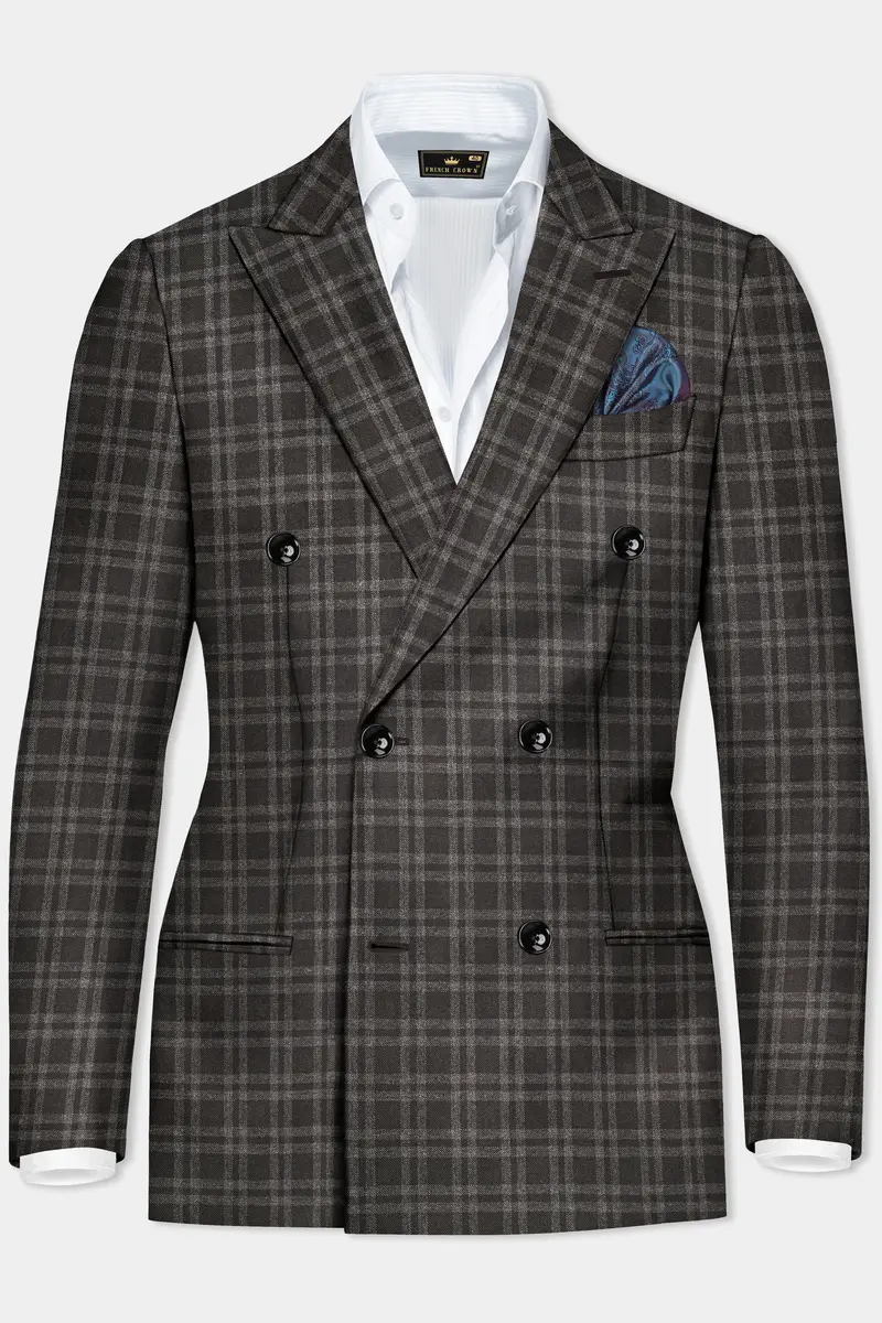 Espresso Brown Plaid Wool Blend Double Breasted Blazer 2