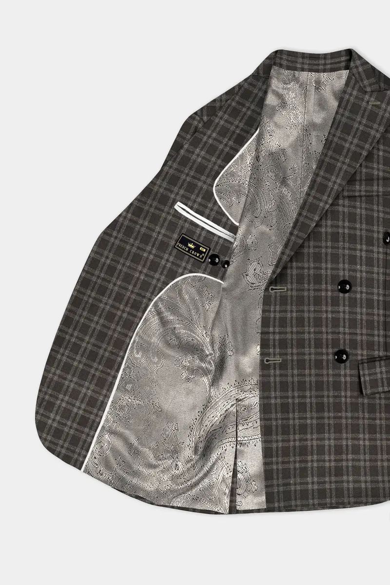 Espresso Brown Plaid Wool Blend Double Breasted Blazer 5