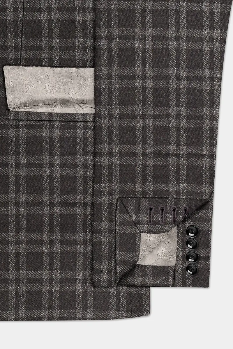 Espresso Brown Plaid Wool Blend Double Breasted Blazer 6