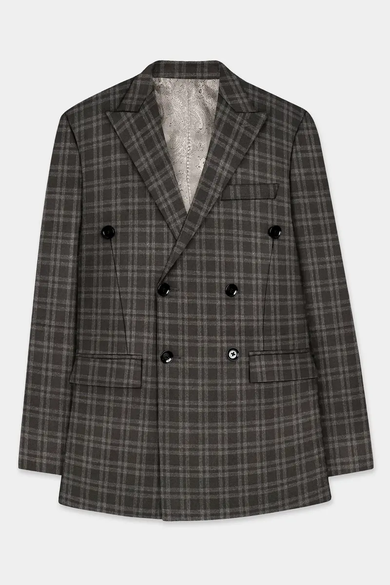 Espresso Brown Plaid Wool Blend Double Breasted Blazer 7