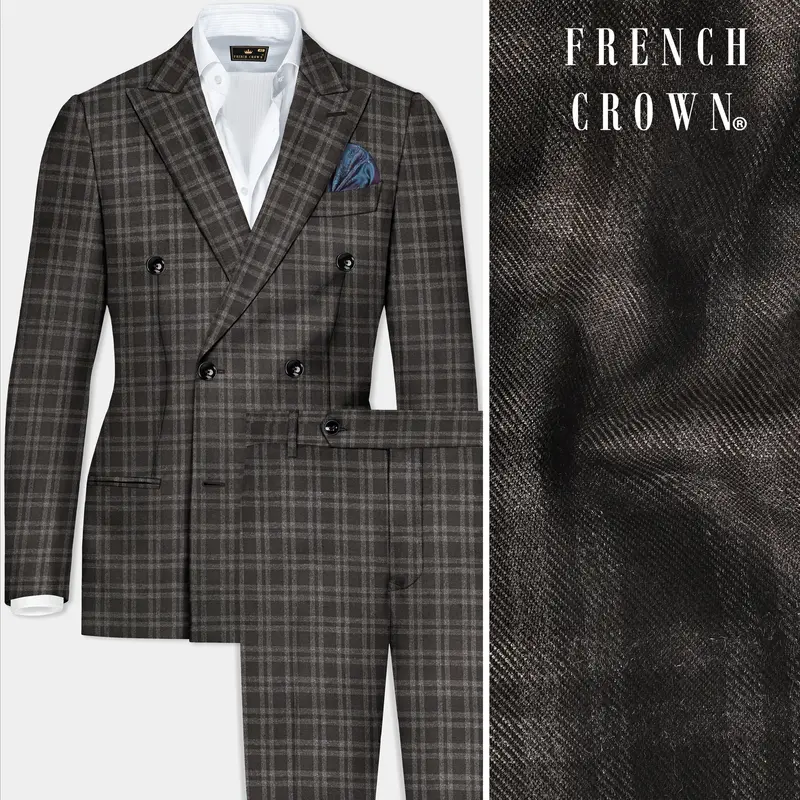 Espresso Brown Plaid Wool Blend Double Breasted Suit 1