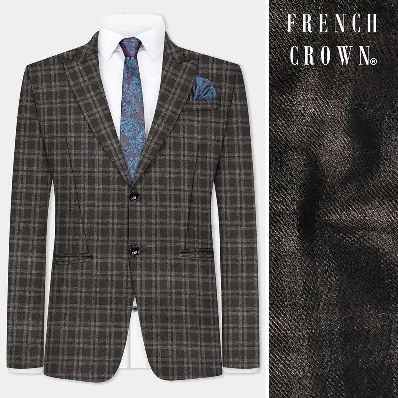 Espresso Brown Plaid Wool Blend Single Breasted Blazer 1