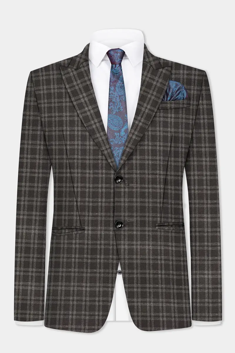 Espresso Brown Plaid Wool Blend Single Breasted Blazer 2