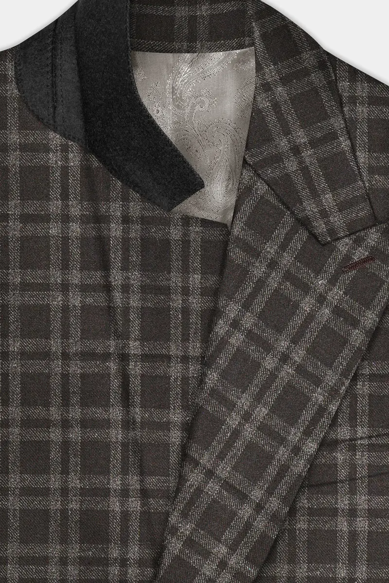 Espresso Brown Plaid Wool Blend Single Breasted Blazer 4