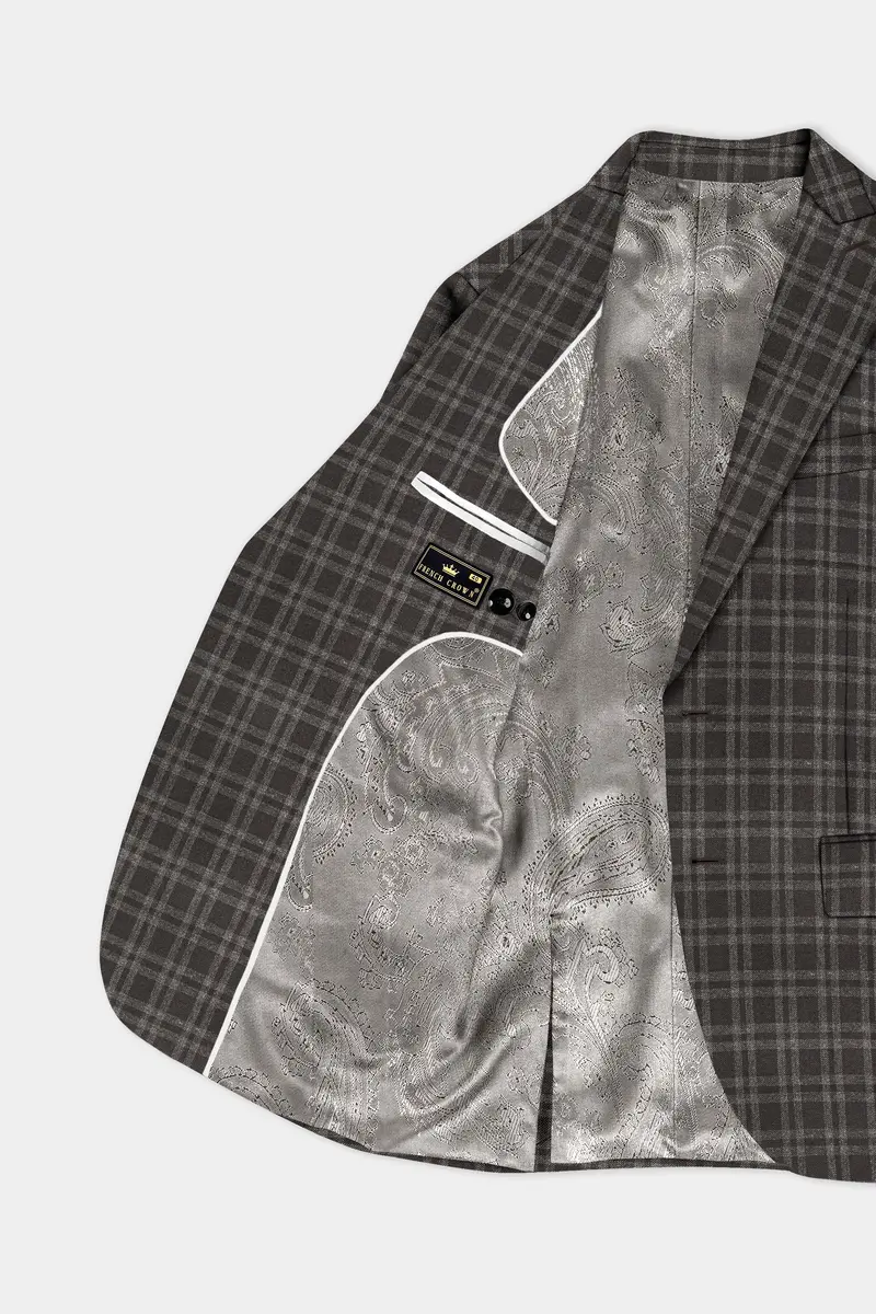 Espresso Brown Plaid Wool Blend Single Breasted Blazer 5