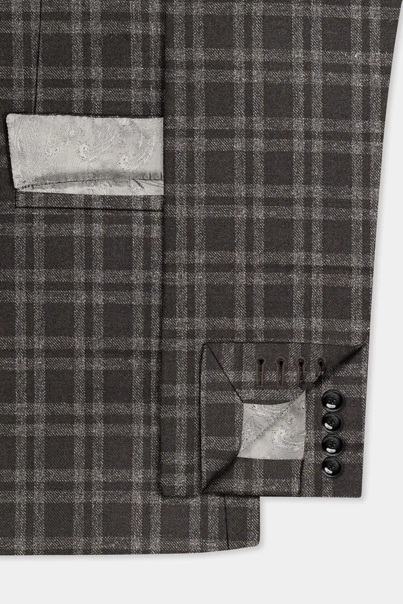 Espresso Brown Plaid Wool Blend Single Breasted Blazer 6