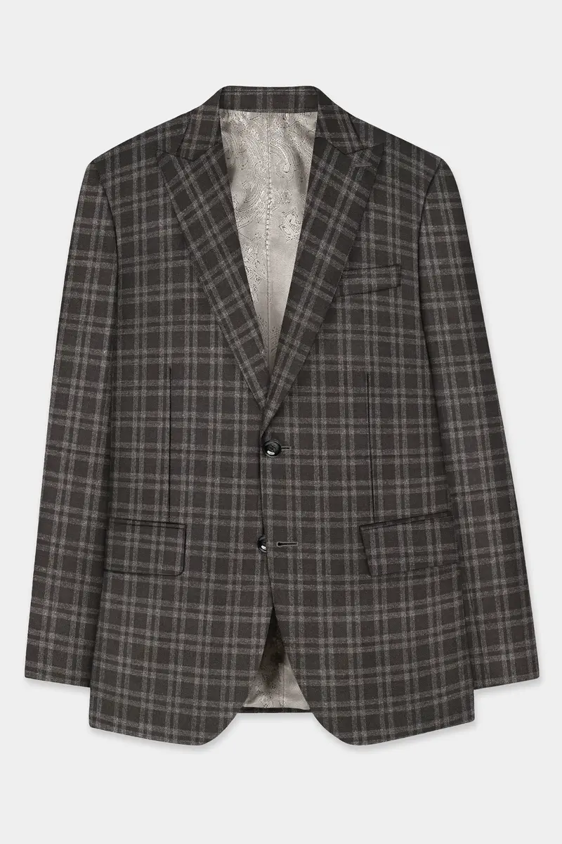 Espresso Brown Plaid Wool Blend Single Breasted Blazer 7