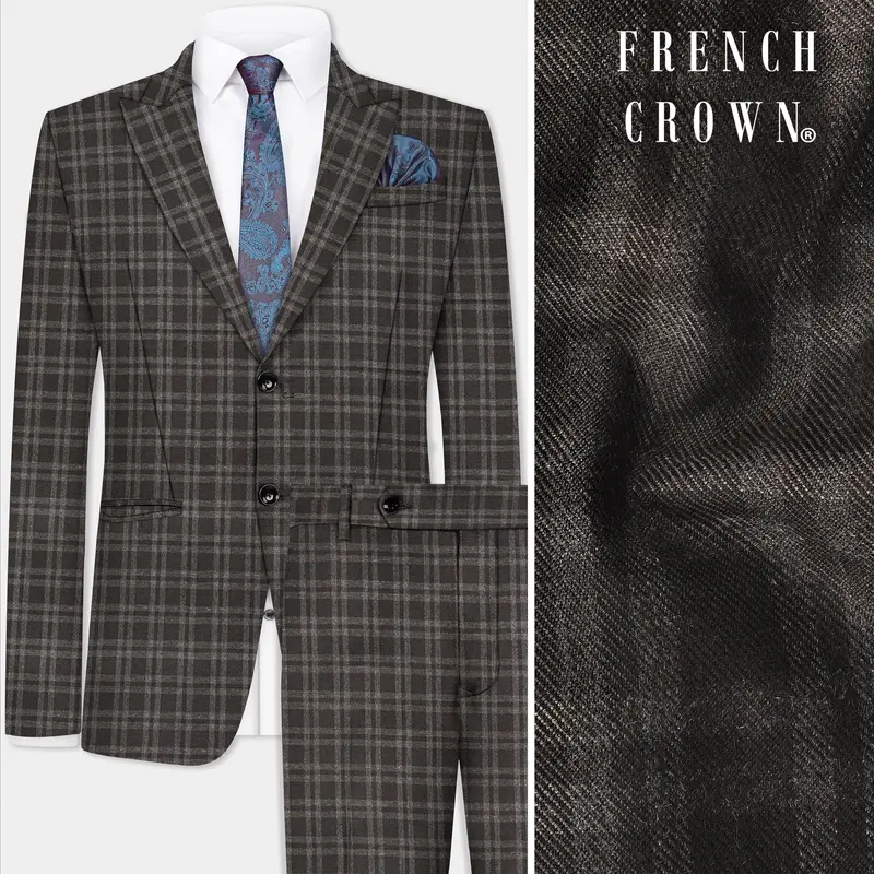 Espresso Brown Plaid Wool Blend Single Breasted Suit 1