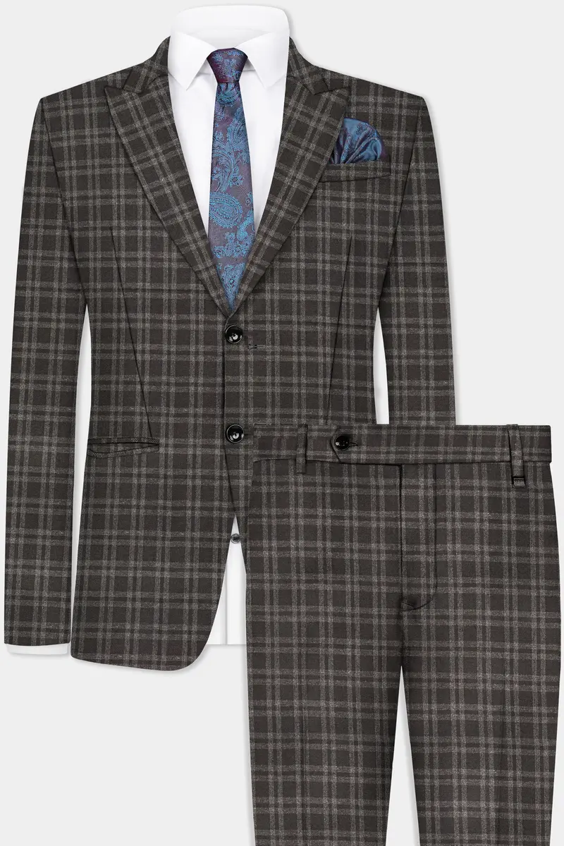Espresso Brown Plaid Wool Blend Single Breasted Suit 2