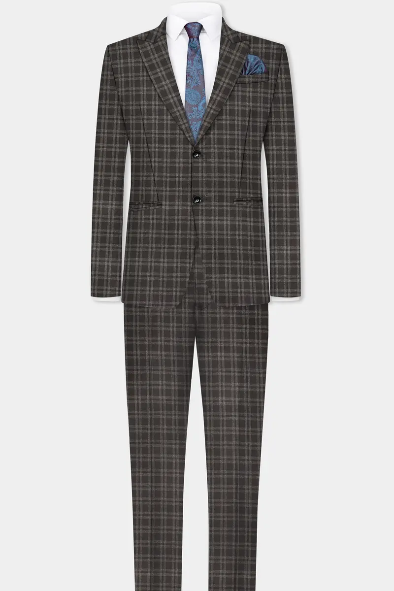 Espresso Brown Plaid Wool Blend Single Breasted Suit 4