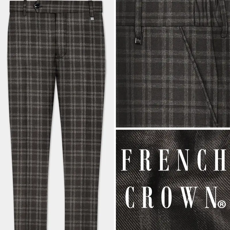 Espresso Brown Plaid Wool Blend Stretchable Waistband Pant 1