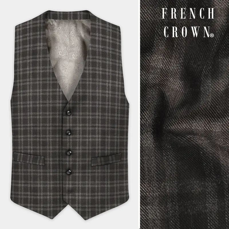 Espresso Brown Plaid Wool Blend Waistcoat 1