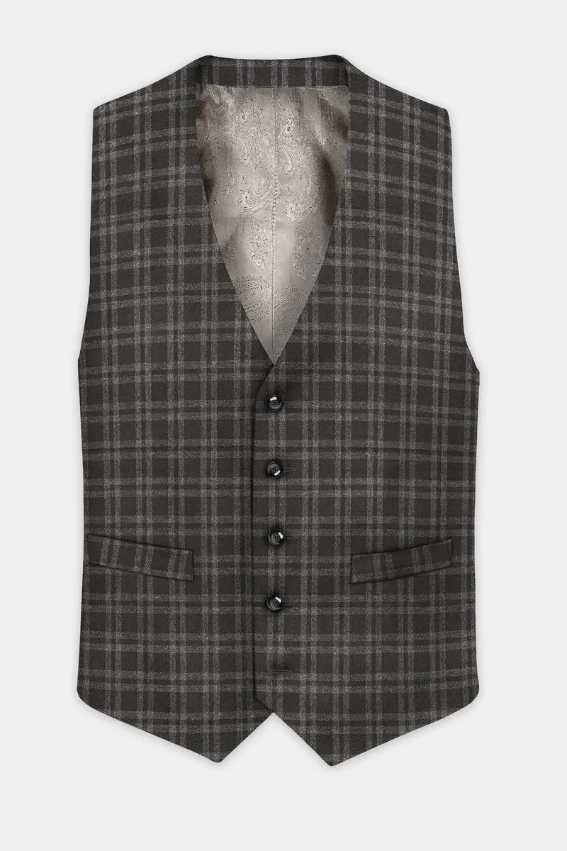 Espresso Brown Plaid Wool Blend Waistcoat 2