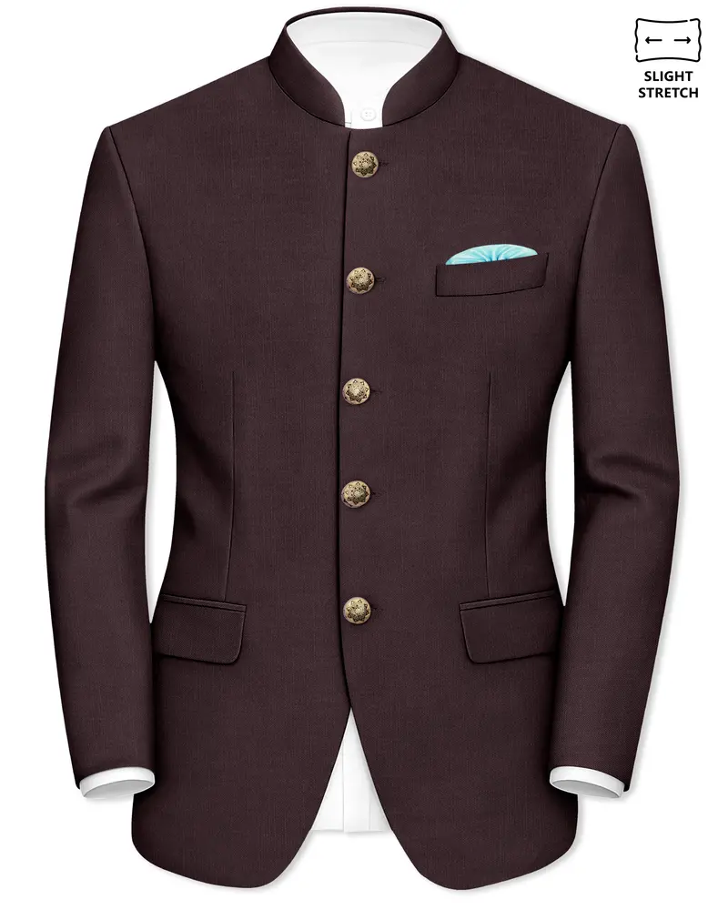 Espresso-Hickory Brown Solid Wool Rich Bandhgala Slight Stretch Blazer 1