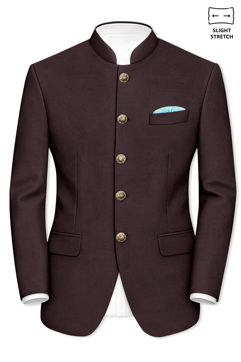 Espresso-Hickory Brown Solid Wool Rich Bandhgala Slight Stretch Blazer 2