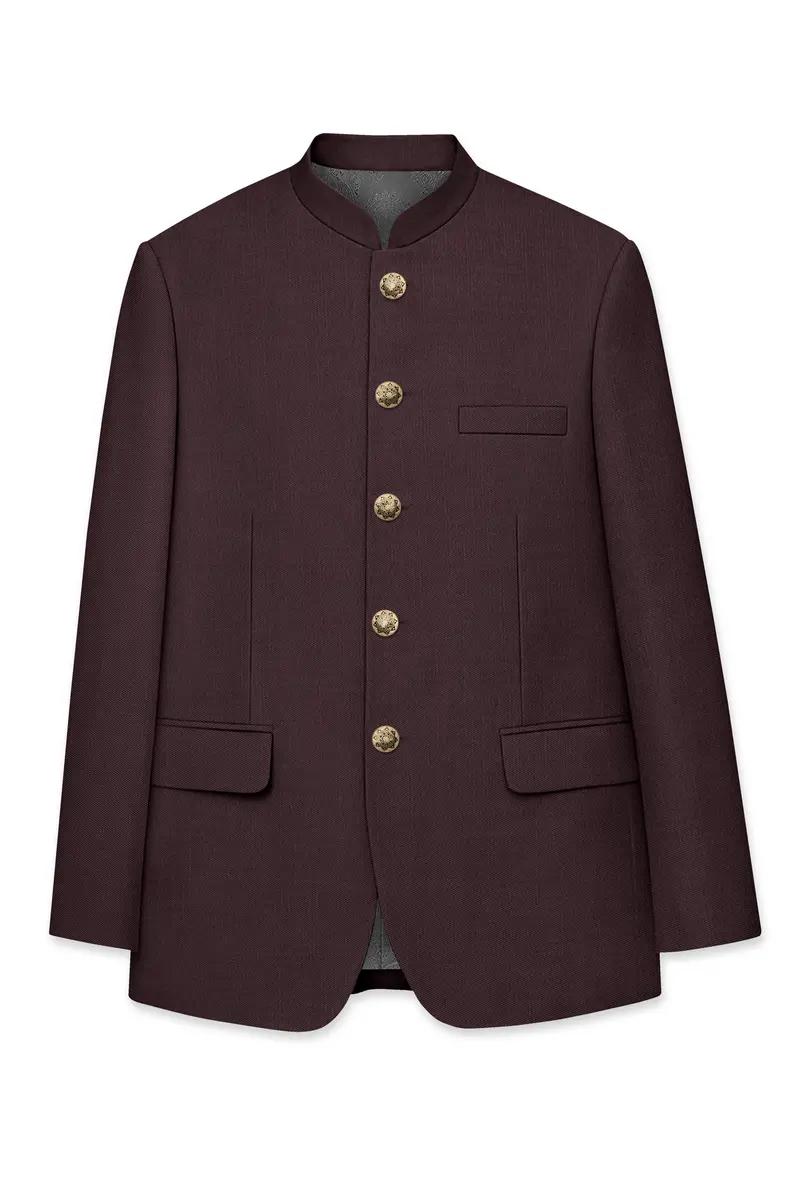 Espresso-Hickory Brown Solid Wool Rich Bandhgala Slight Stretch Blazer 6