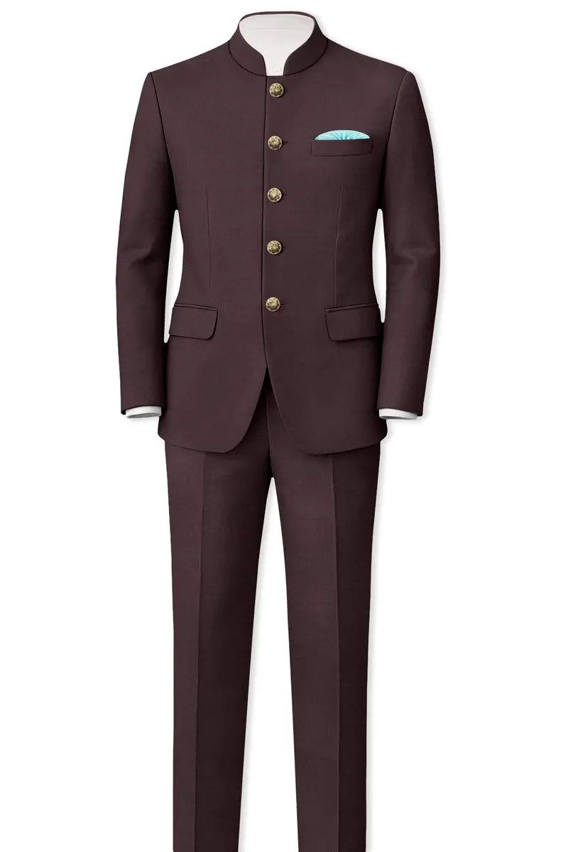 Espresso-Hickory Brown Solid Wool Rich Bandhgala Slight Stretch Blazer 8