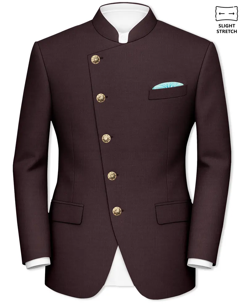 Espresso-Hickory Brown Solid Wool Rich Cross Placket Bandhgala Slight Stretch Blazer 1
