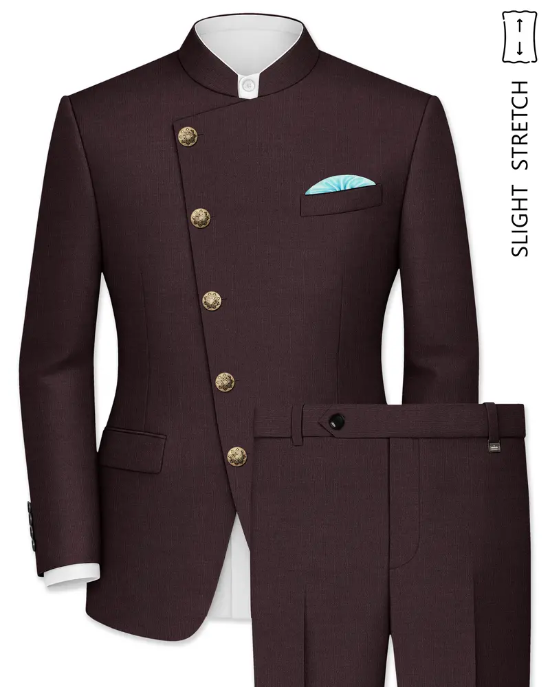 Espresso-Hickory Brown Solid Wool Rich Cross Placket Bandhgala Slight Stretch Suit 1