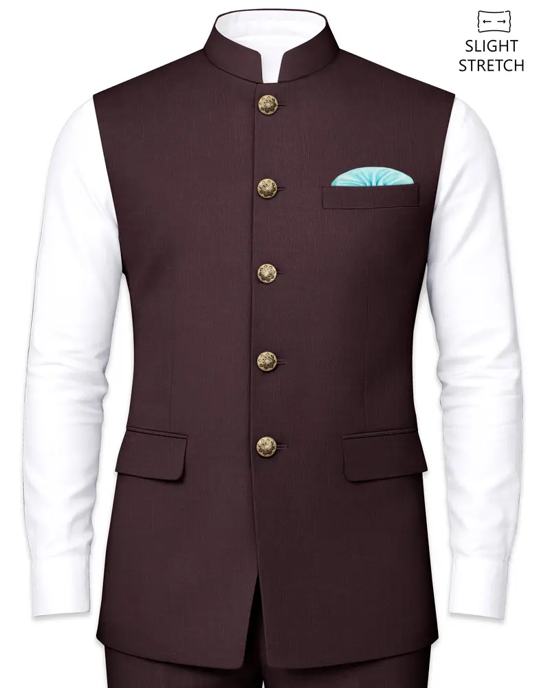 Espresso-Hickory Brown Solid Wool Rich Slight Stretch Nehru Jacket 1