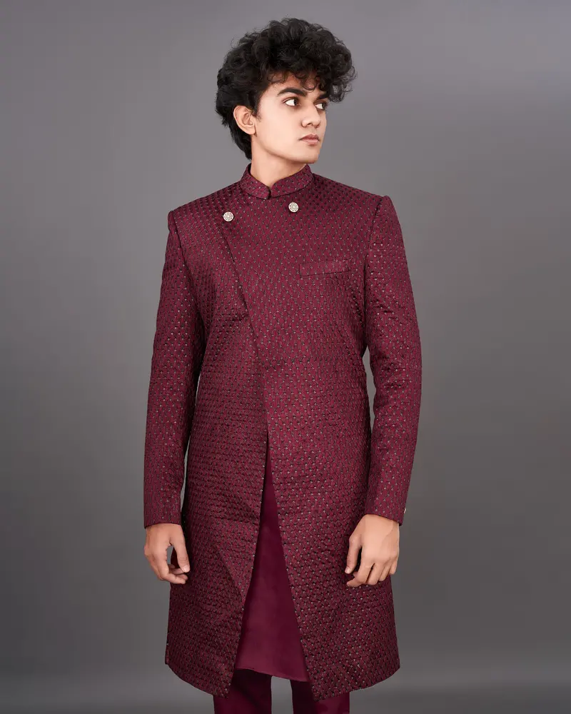 Espresso Maroon And Sequence Embroidered  Sherwani With Kurta And Pants Set 1