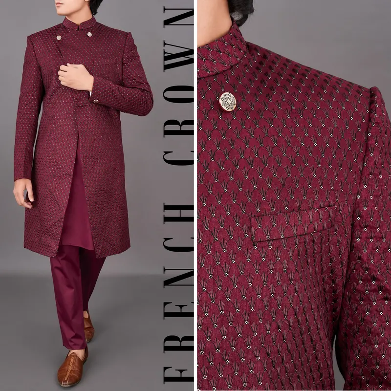 Espresso Maroon And Sequence Embroidered Sherwani With Kurta And Pants Set 1