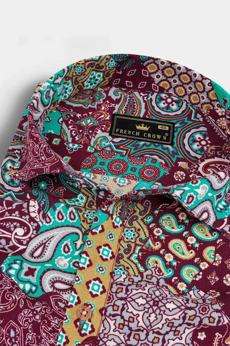 Espresso Maroon With Desert Yellow Printed Soft Tencel Shirt 4