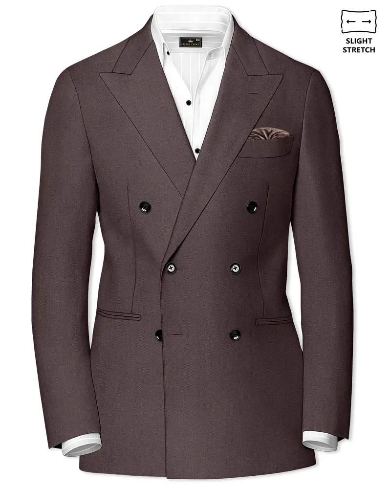 Estate-Fuscous Brown Diamond Textured Wool Rich Slight Stretch Double Breasted Blazer 1