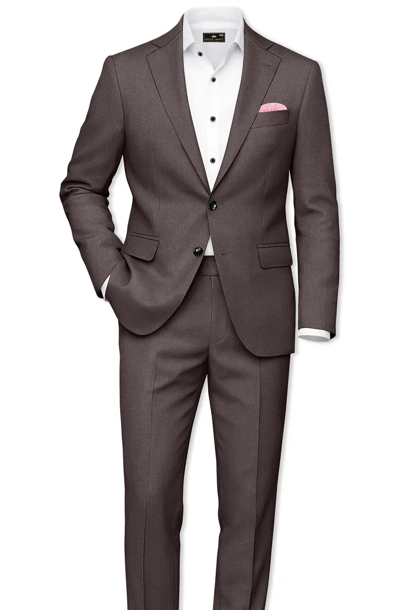 Estate-Fuscous Brown Diamond Textured Wool Rich Slight Stretch Waistband Pant 7