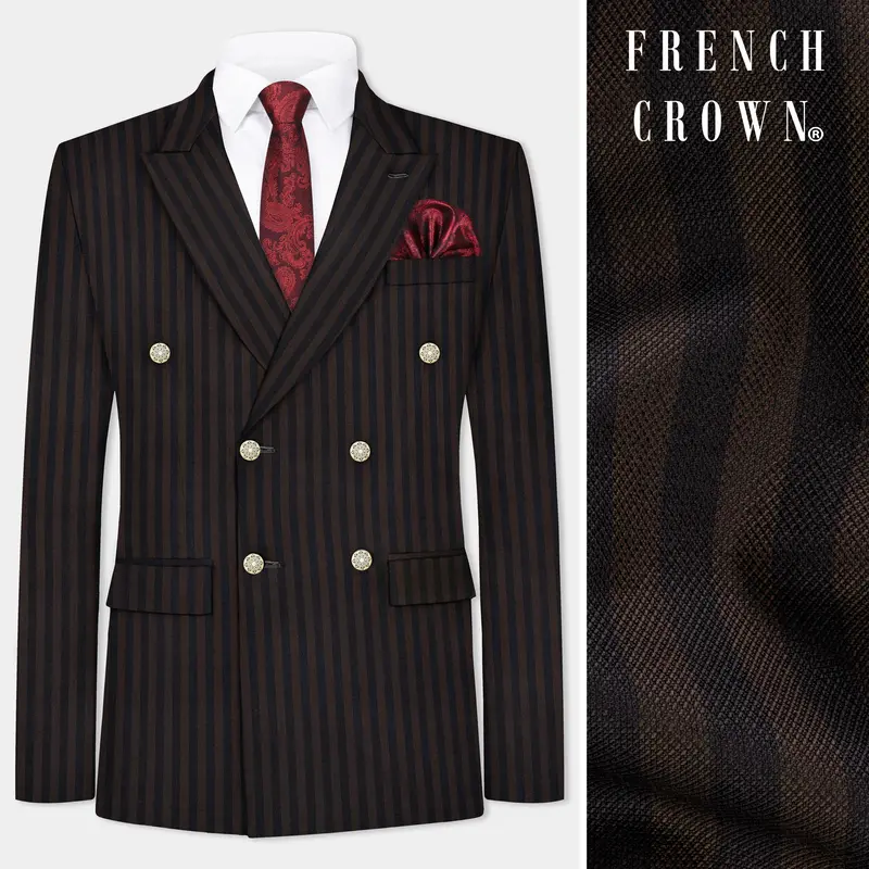 Eternity Brown With Vulcan Black Striped Wool Blend Double Breasted Blazer 1