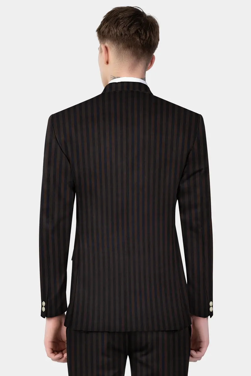 Eternity Brown With Vulcan Black Striped Wool Blend Double Breasted Blazer 10