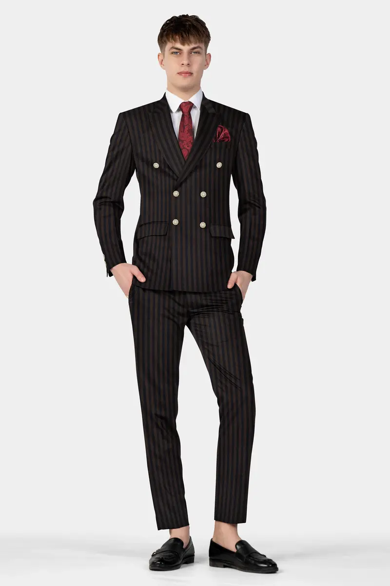 Eternity Brown With Vulcan Black Striped Wool Blend Double Breasted Blazer 11