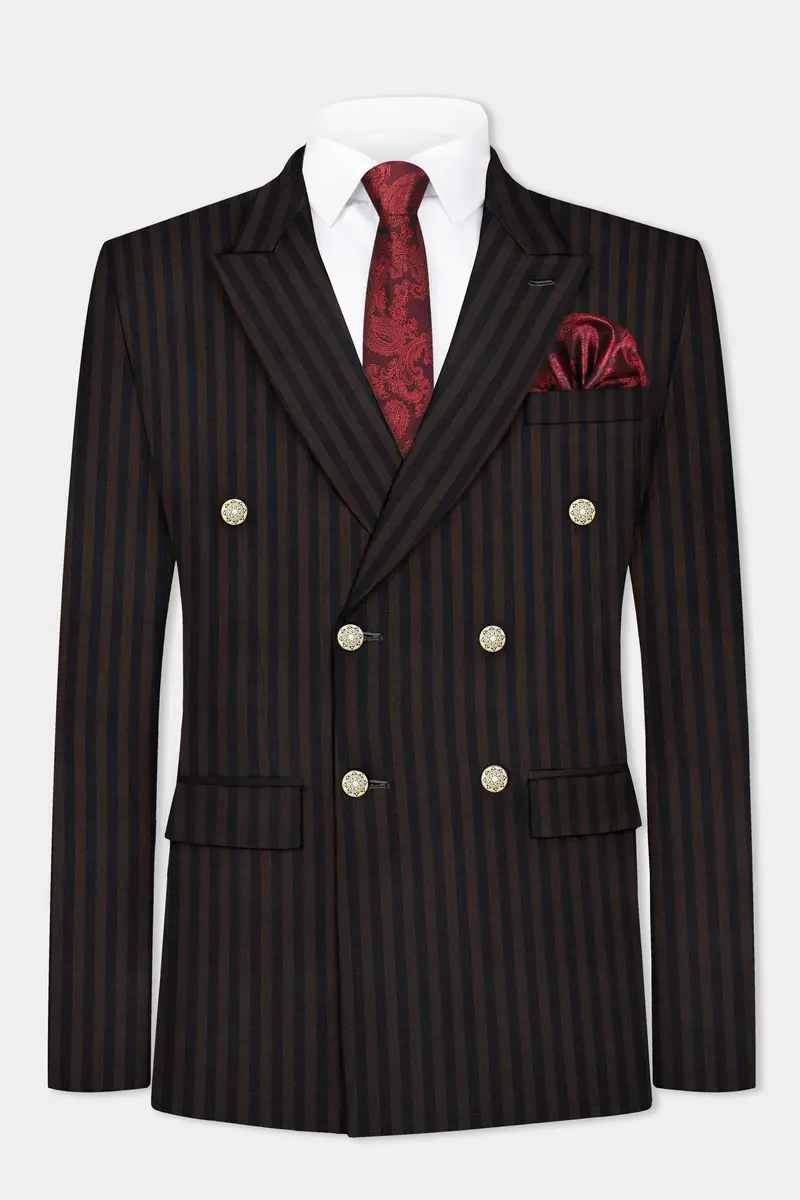 Eternity Brown With Vulcan Black Striped Wool Blend Double Breasted Blazer 2