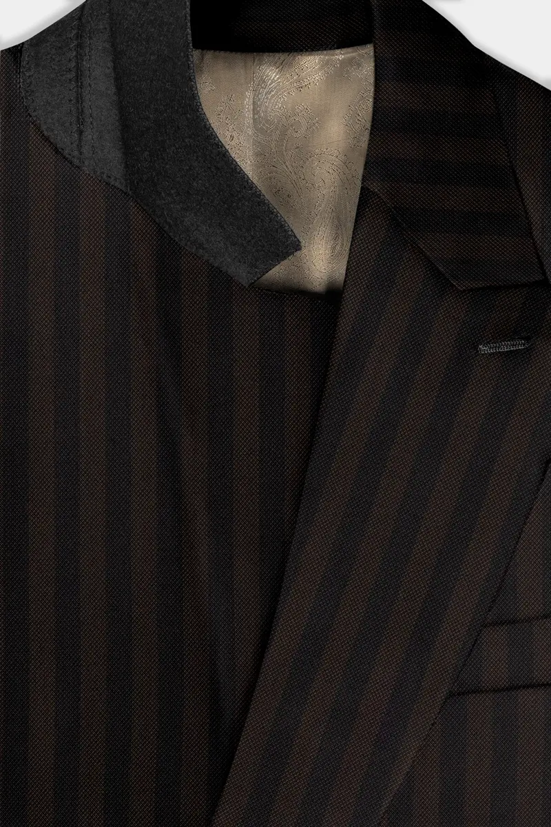 Eternity Brown With Vulcan Black Striped Wool Blend Double Breasted Blazer 4