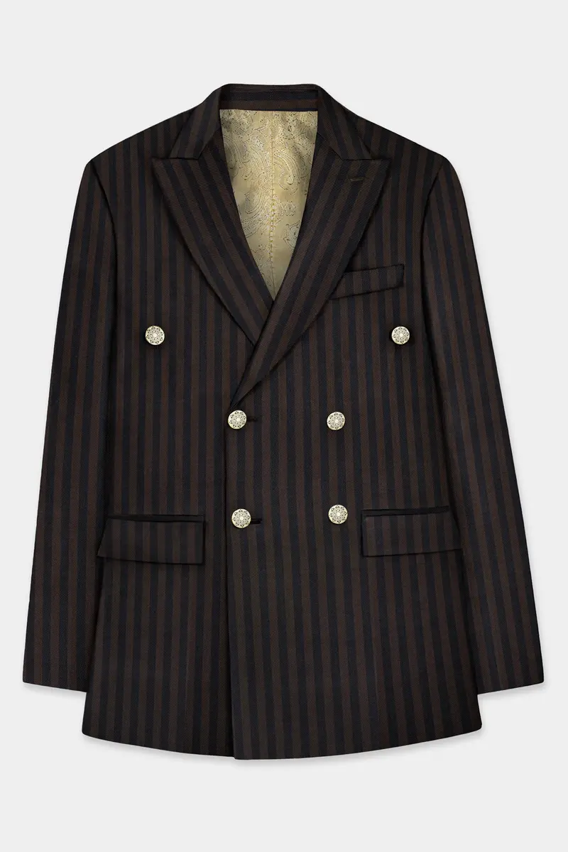 Eternity Brown With Vulcan Black Striped Wool Blend Double Breasted Blazer 7