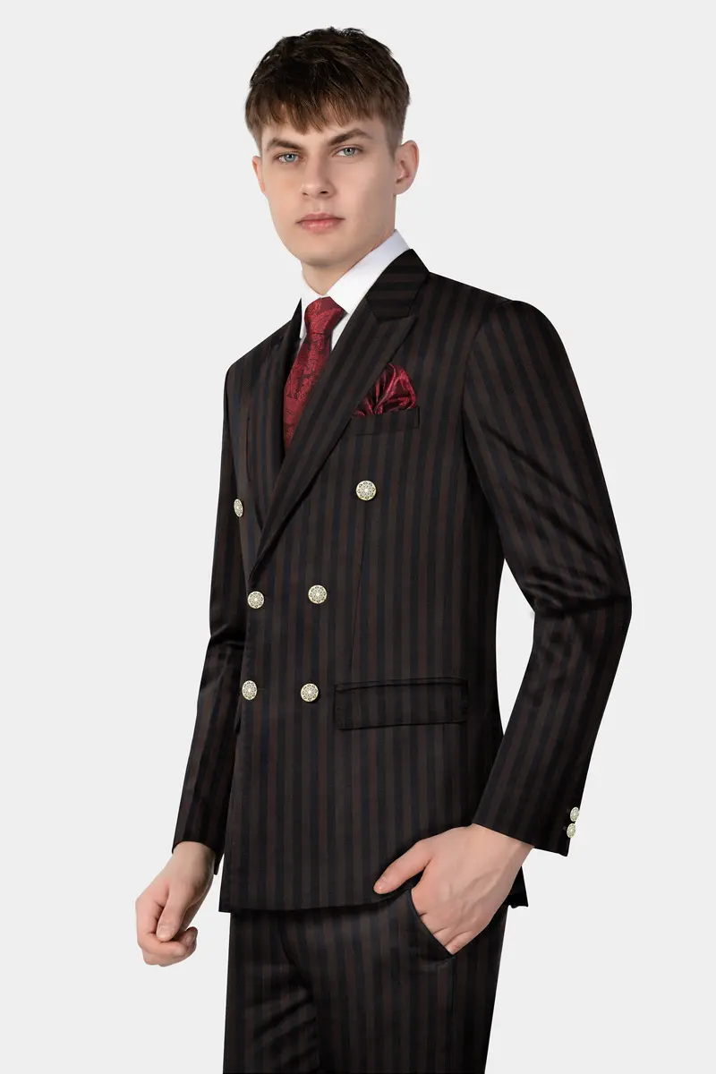 Eternity Brown With Vulcan Black Striped Wool Blend Double Breasted Blazer 9