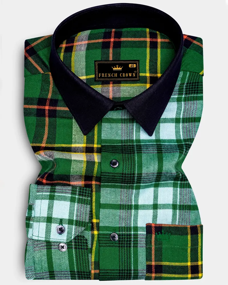 Eucalyptus Green Multicolor Plaid With Black Collar Designer Shirt 1