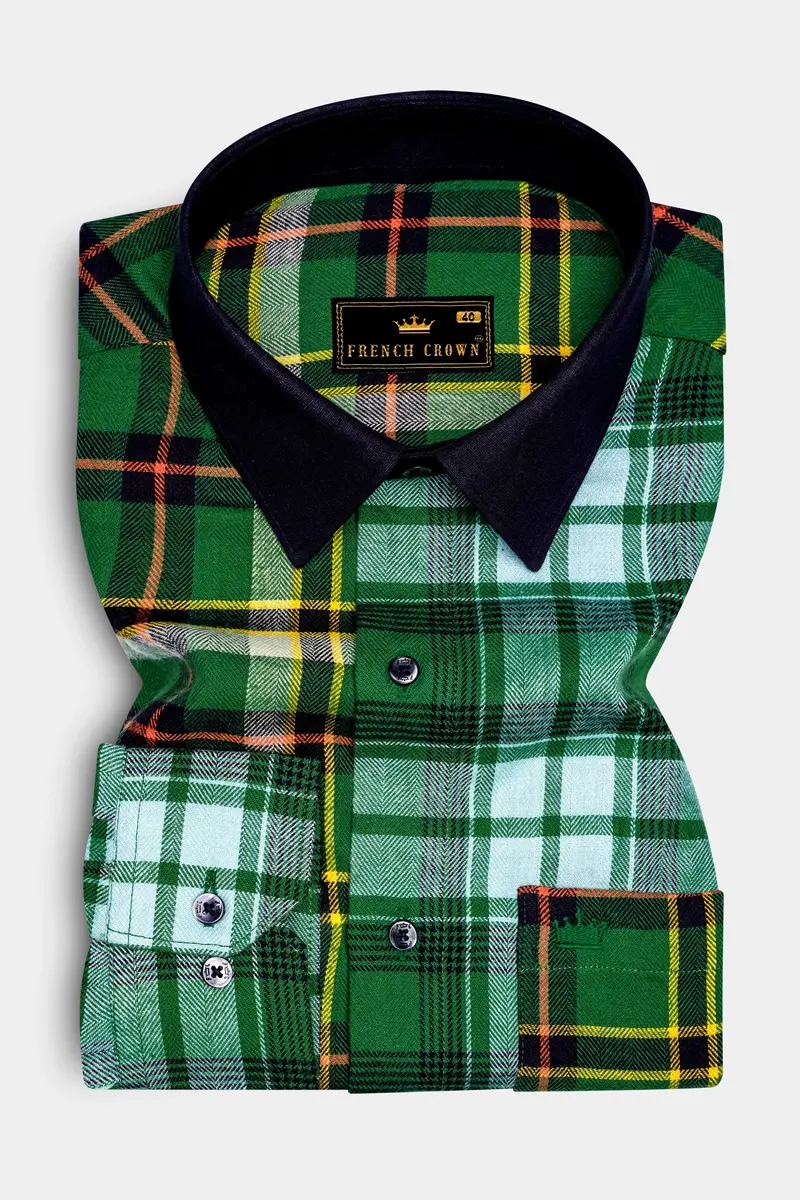 Eucalyptus Green Multicolor Plaid With Black Collar Designer Shirt 2