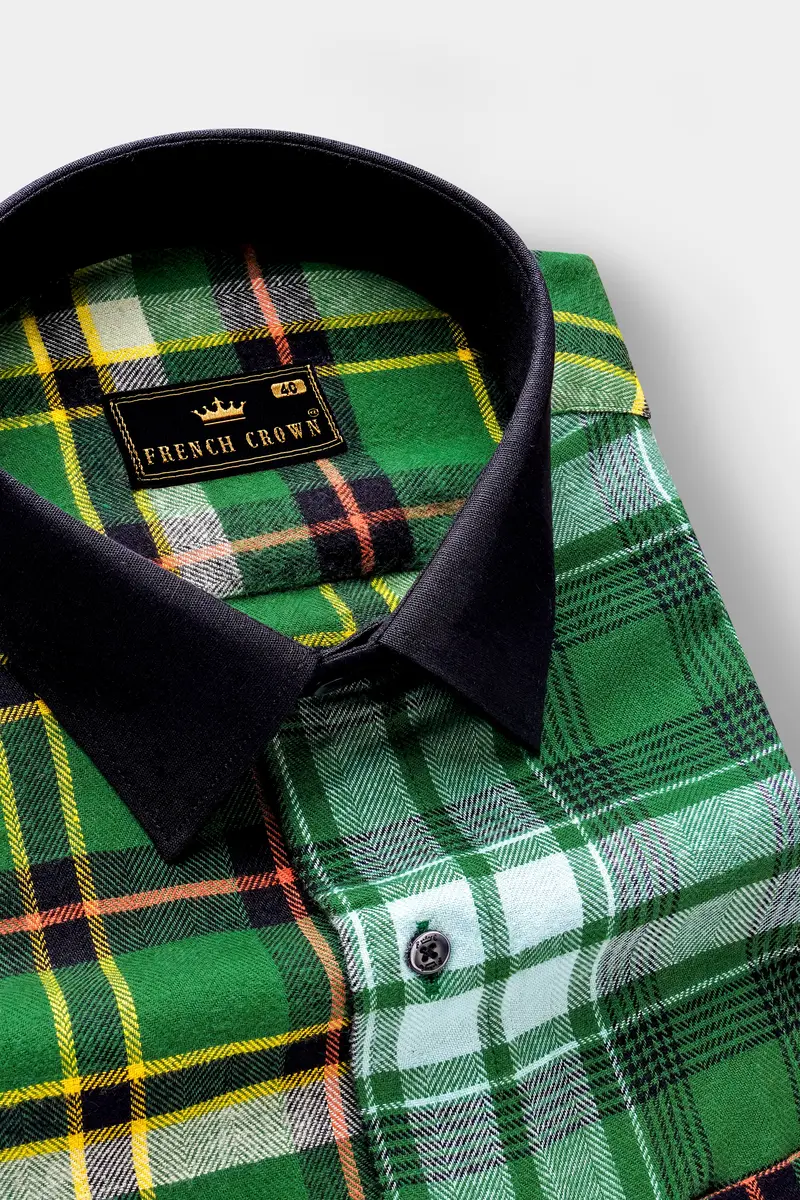 Eucalyptus Green Multicolor Plaid With Black Collar Designer Shirt 4
