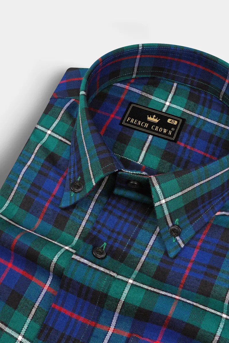 Eucalyptus Green With Chambray Blue Twill Plaid Premium Cotton Shirt 1