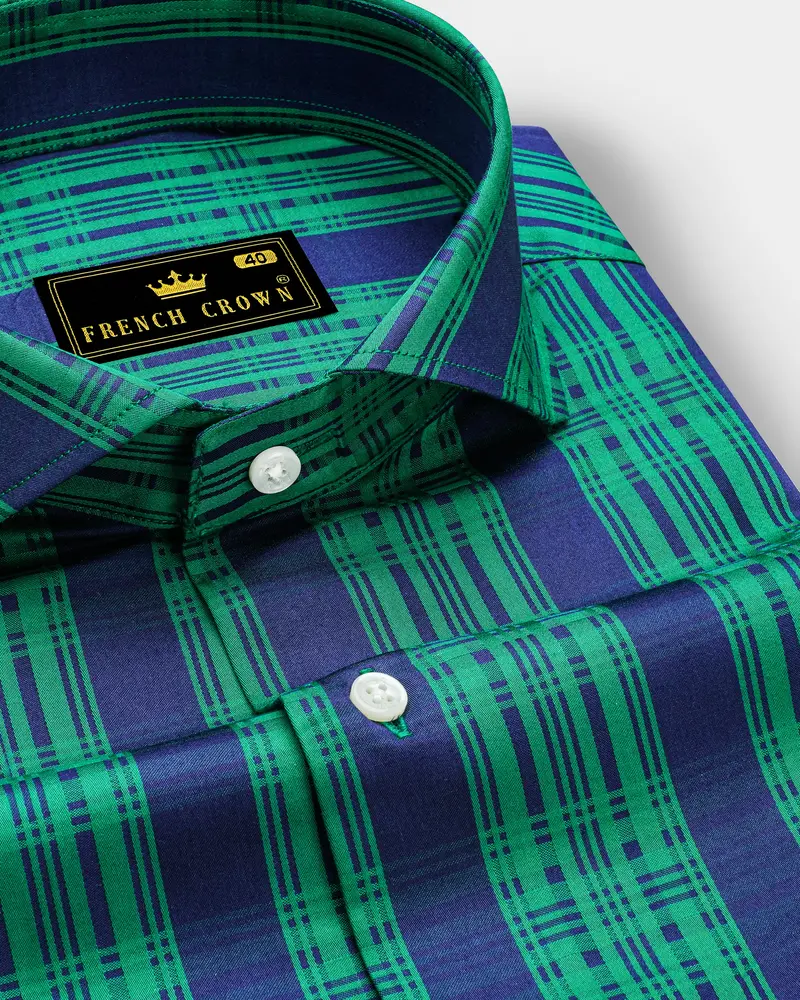 Eucalyptus Green With Rhino Blue Striped Dobby Premium Giza Cotton Shirt 1