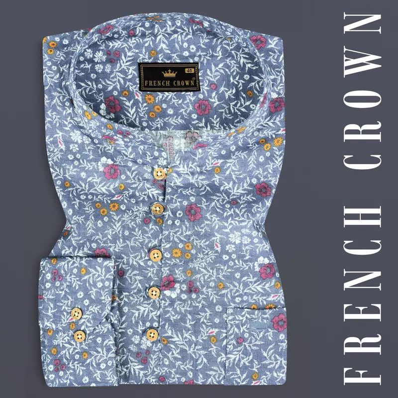 Faded Blue Floral Printed Luxurious Linen Kurta Shirt 1
