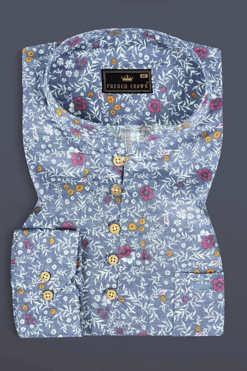 Faded Blue Floral Printed Luxurious Linen Kurta Shirt 2