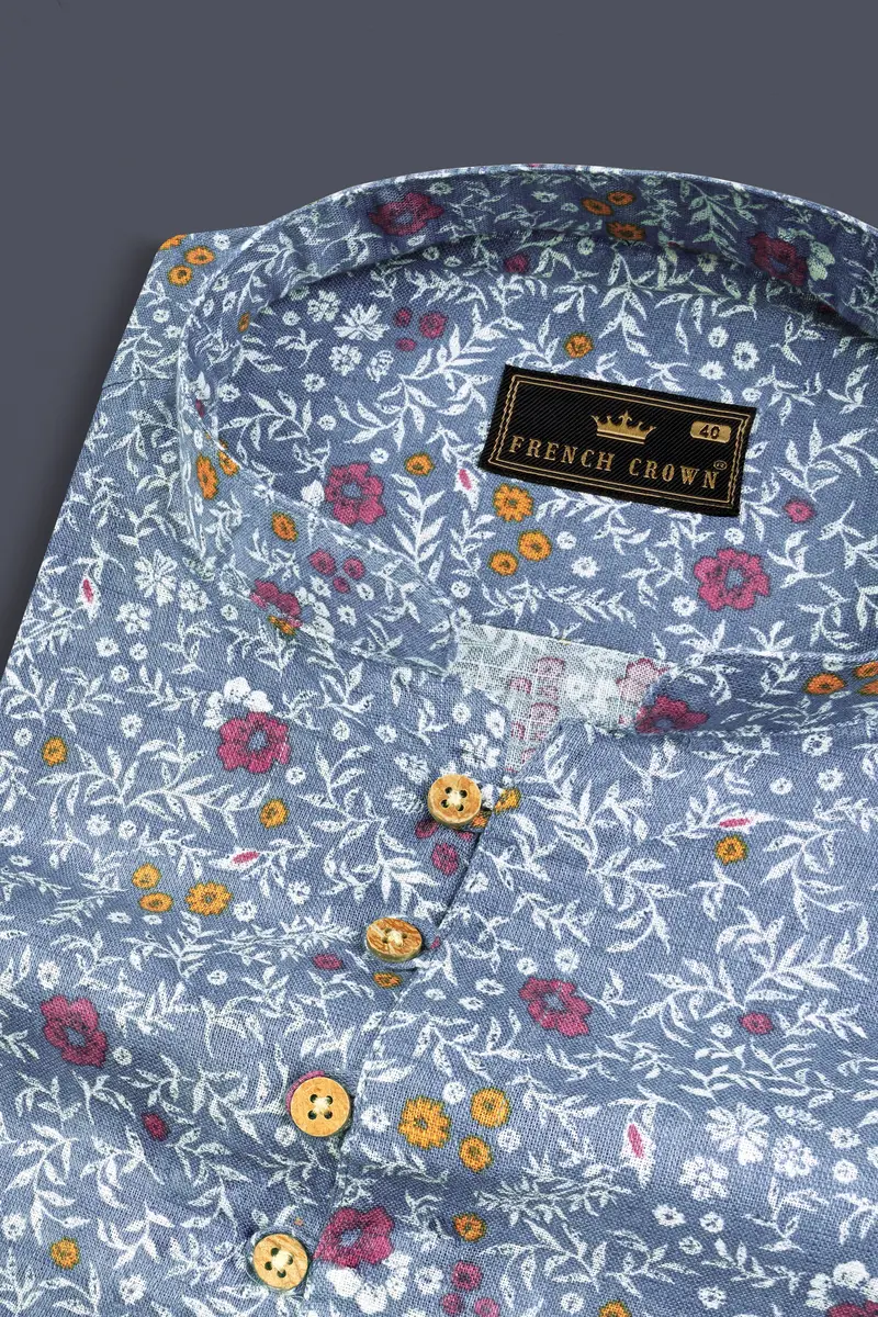 Faded Blue Floral Printed Luxurious Linen Kurta Shirt 4